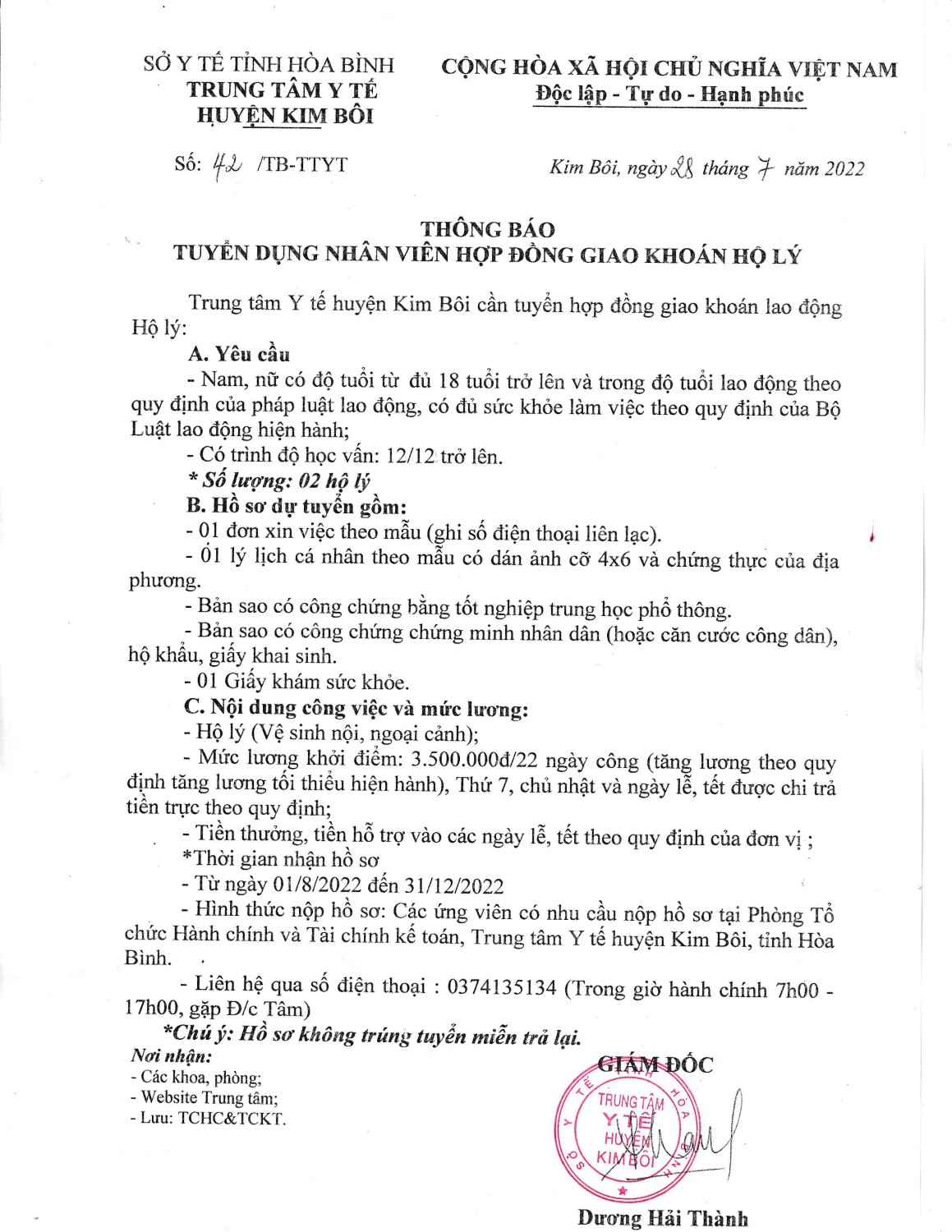 THÔNG BÁO TUYỂN DỤNG NHÂN VIÊN HỢP ĐỒNG GIAO KHOÁN HỘ LÝ