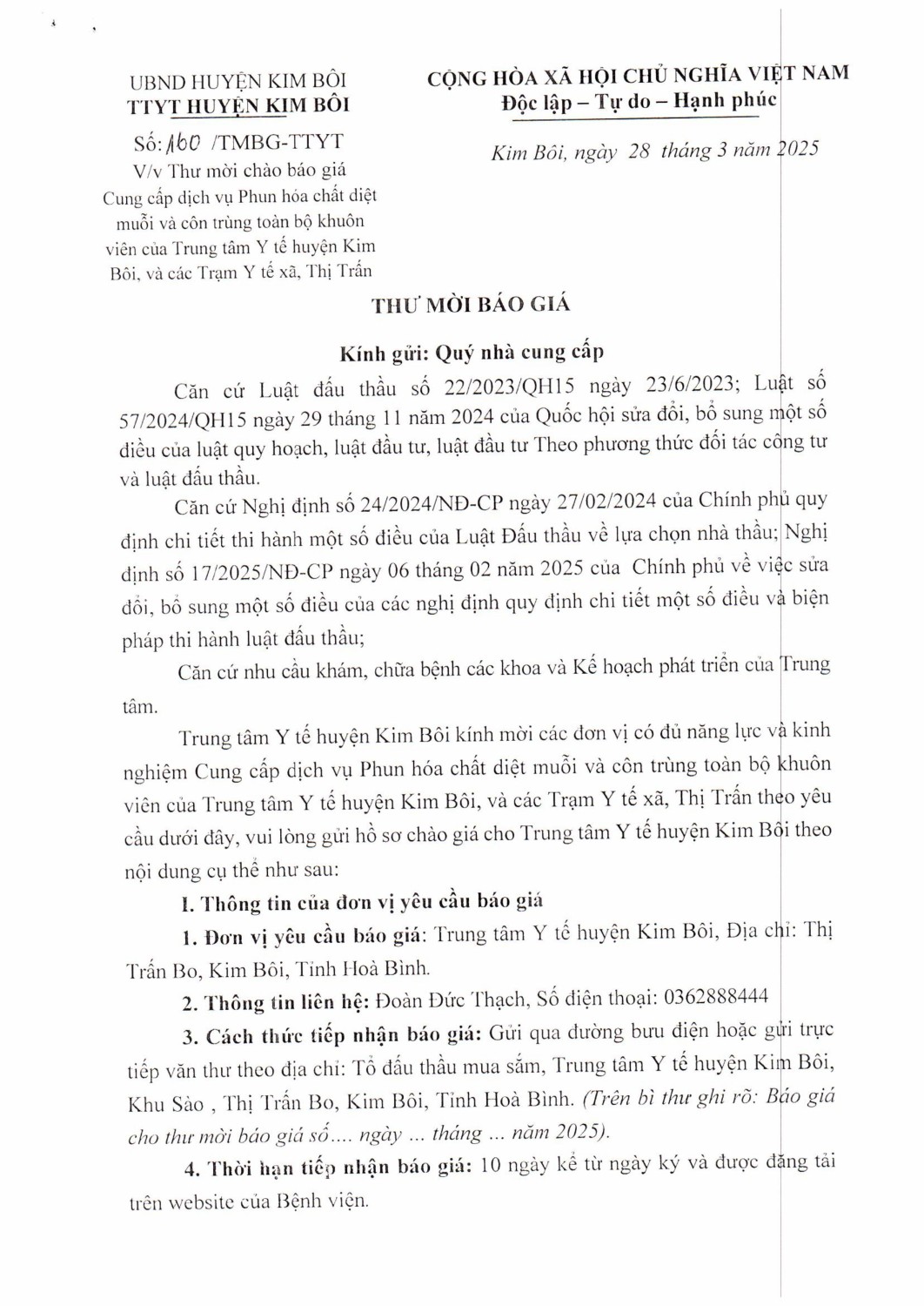 Thư mời chào báo giá cung cấp dịch vụ phun hóa chất diệt muỗi, côn trùng