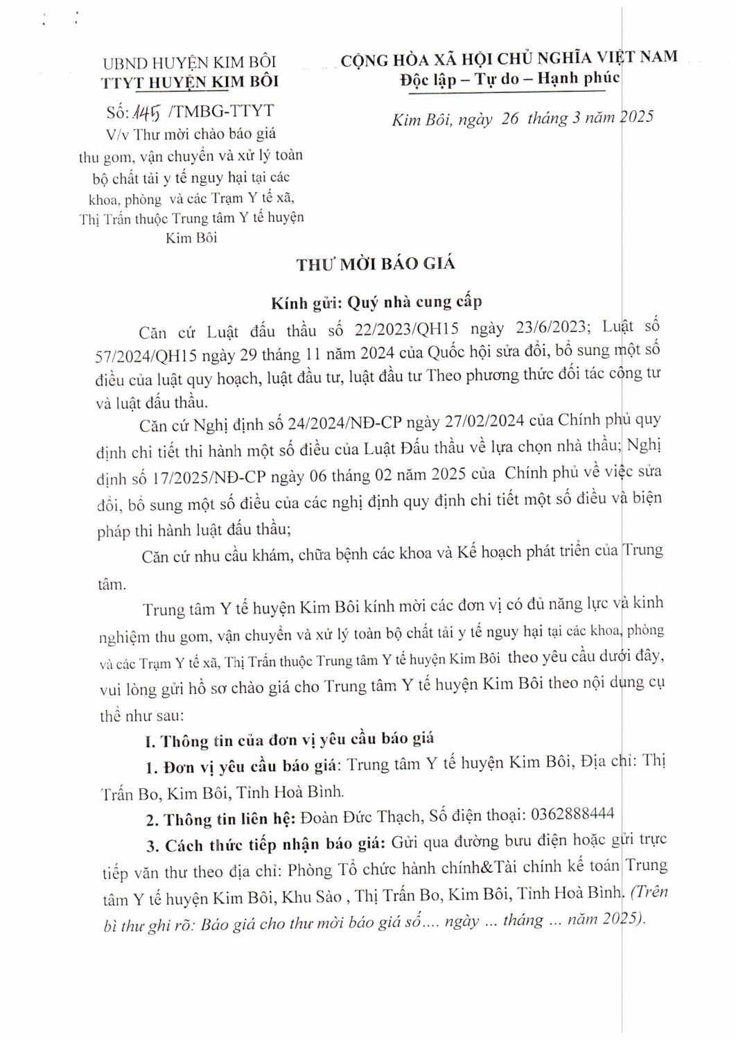 Thư mời chào báo giá thu gom, xử lý, vận chyển rác thải y tế nguy hại